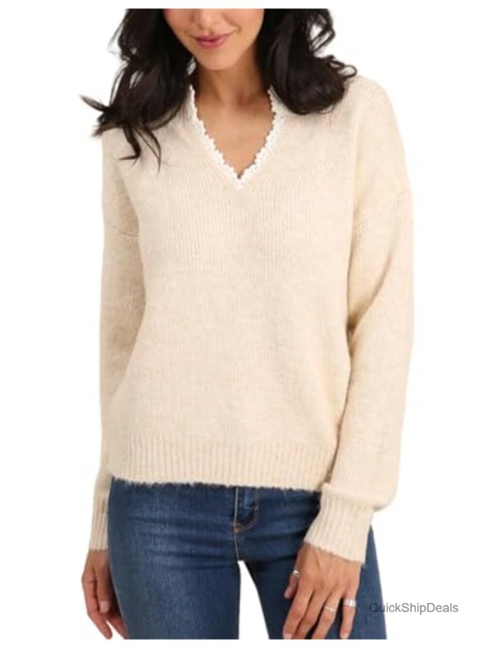 Women's V-Neck Pullover Sweater Long Sleeve Soft Knit Lace Trim